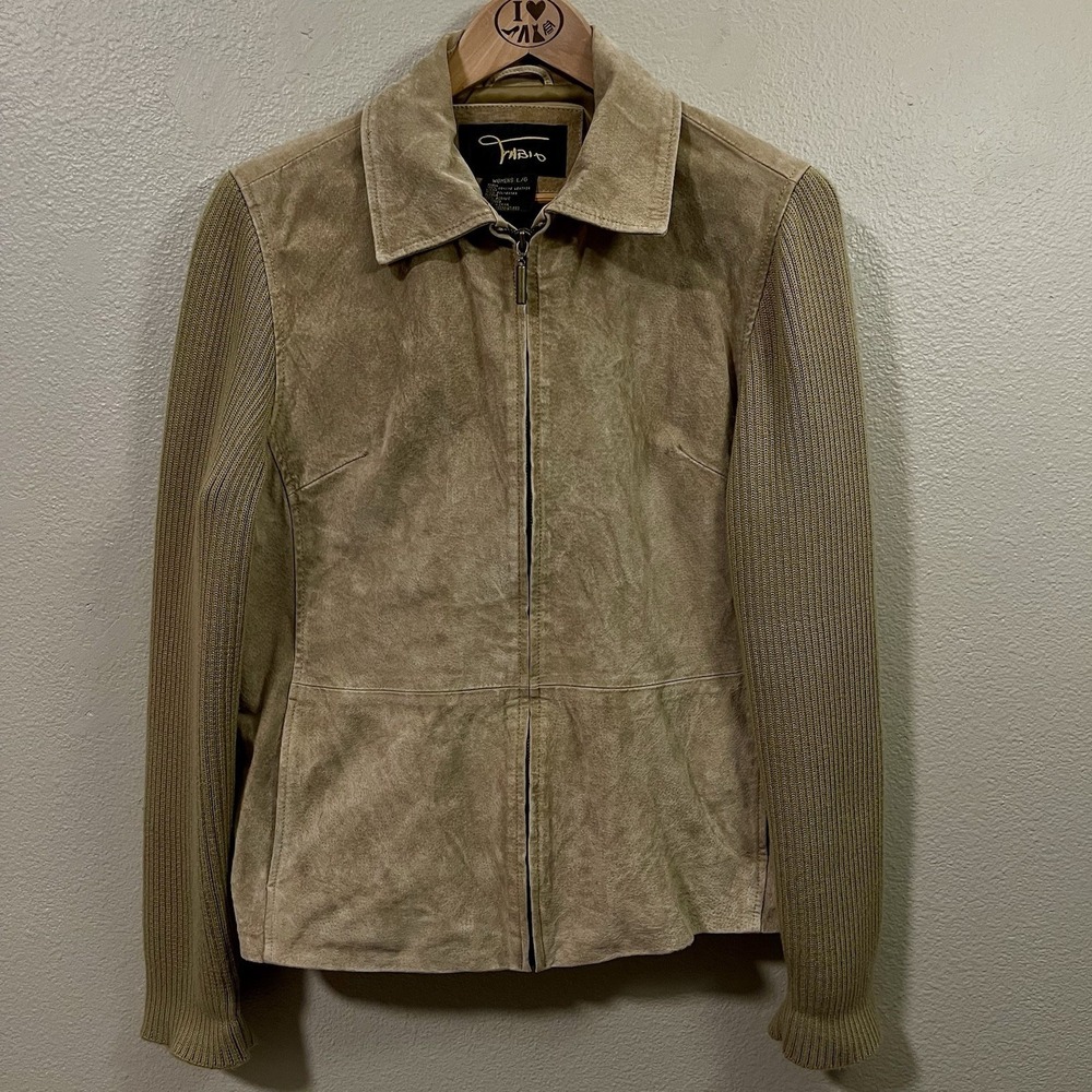 Fabio Women's Genuine Leather‎ Suede Jacket Knit Sleeves Zip Up Tan Brown Size L